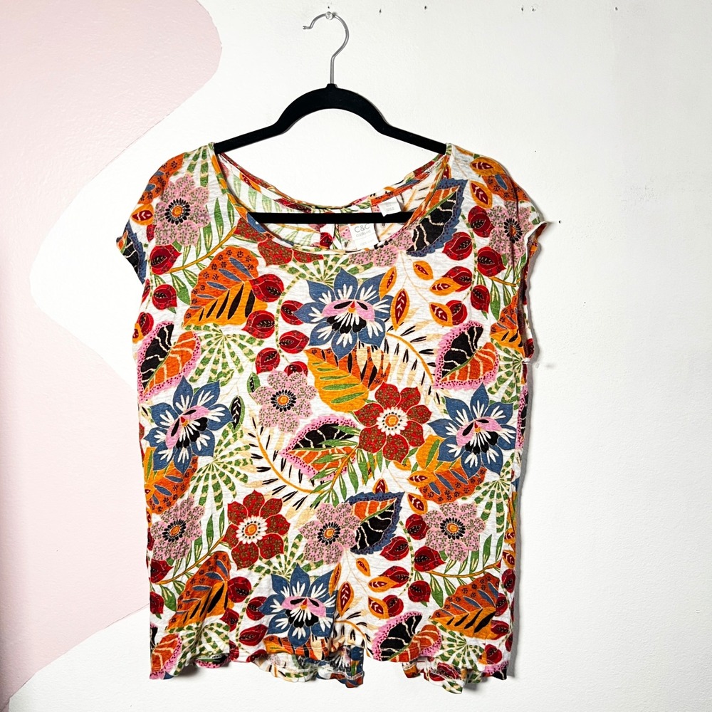 C & C California 100% Linen‎ Top Sz Large Floral Boho Summer Vacation